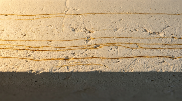 Macro photograph of sedimentary cross-section: pale warm grey strata with amber hairline striations, bottom third fading to shadow. The layers record absorption without transmission.