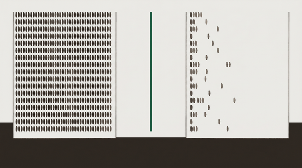 Abstract visualization of labor market data: layered bar graphs dissolving at the edges as AI icons scatter across a pale field, suggesting economic disruption beneath the surface