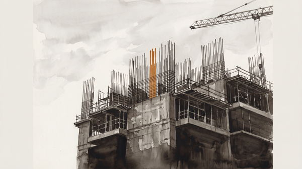 Watercolor of a concrete building mid-construction, viewed from below. Orange rebar spikes upward from unfinished floors, crane at upper right. Monochromatic grey palette, overcast sky.
