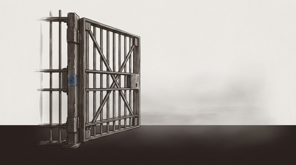 A heavy institutional gate stands open against an empty fog-obscured landscape — the threshold between reviewed and unknown territory