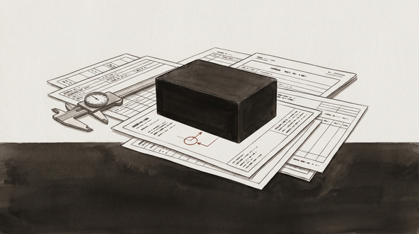 A watercolor and ink illustration showing a matte black rectangular box surrounded by technical documents and data forms, a dial caliper positioned beside it. Near-monochrome palette with a s