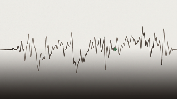 A waveform line rendered in dark ink traverses the full width of a gradient background, running from off-white at top to near-black at bottom. The line erupts into irregular peaks and valleys