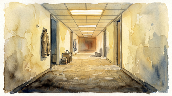 Backrooms hallway — yellowed walls, moist carpet, drop ceiling — rendered as domestic space, the perspective of something that lives here rather than something that stumbled in.