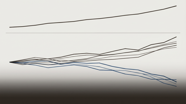 A line chart showing aggregate job growth over sector-level divergence, with ledger-ink blue highlighting declining information and finance sectors beneath the reassuring headline number.