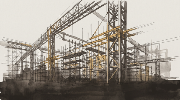 Abstract scaffolding structure in pale warm grey and amber, suggesting construction at vast scale — architecture mid-build with no visible completion point.