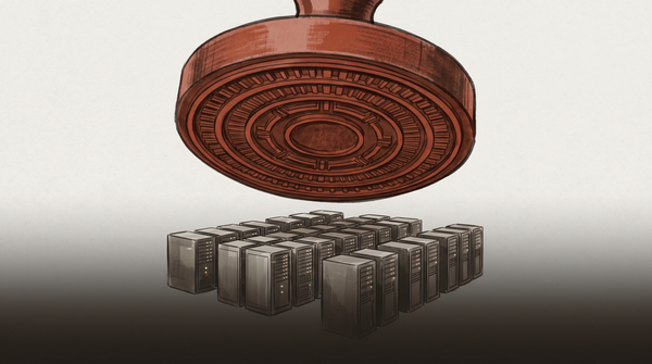 A large bureaucratic stamp descends toward server infrastructure, the moment before administrative shutdown. Bureaucratic red seal, warm grey ground, servers in shadow below.