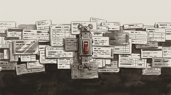 Industrial switch on a wall covered in overlapping, illegible jurisdiction labels. One clear mechanism; authority obscured.