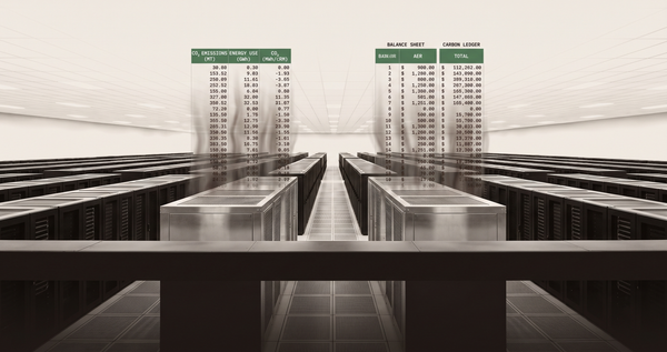 Server racks stretching to the horizon — the air above the cooling towers resolves into spreadsheet columns of CO₂ numbers — infrastructure and carbon ledger as the same image.