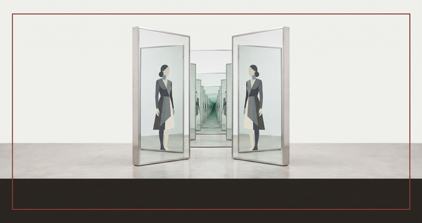 Two mirrors facing each other creating an infinite regression of reflections — a figure visible in each, identical, a surface all the way down — Tilly Norwood as projection not performer.