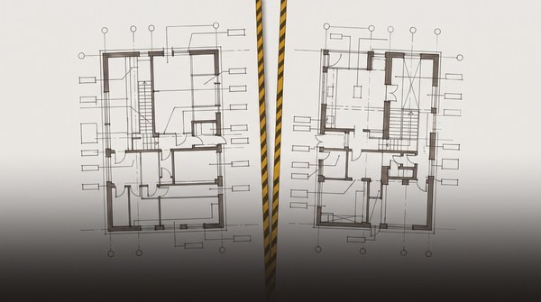 Abstract depiction of an architectural blueprint being torn apart along a central seam, suggesting the structural breakdown of a technology partnership.
