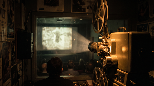 From behind a film projector in a small 42-seat theater, light beam cutting through darkness toward the screen, the machine and the audience in shadow.