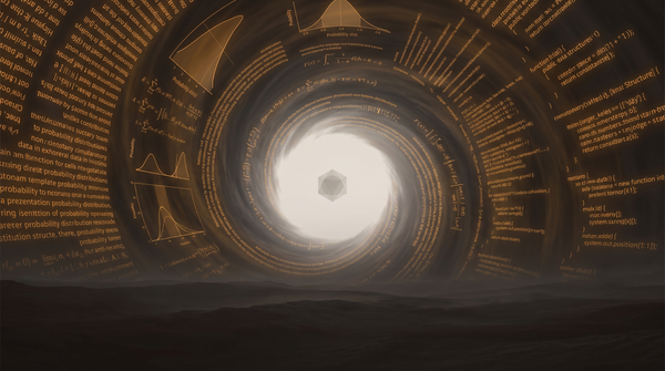 Hurricane eye with walls of text, code, data spiraling around a still center — from outside a simulation, from inside the wind is real. Amber on pale grey.