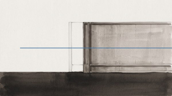 Abstract composition depicting a formal barrier crossed by a blue line that passes through without resistance, in cold industrial blue against pale warm grey.
