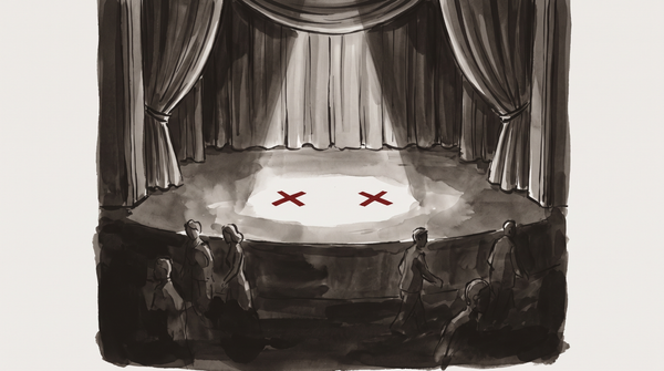 Theatrical composition with spotlight illuminating two marked positions on an empty stage while figures stand in shadow beyond the light.