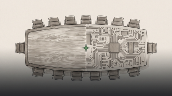 Overhead view of a split conference table — half polished wood, half printed circuit board — the FOMC divided on whether AI is inflationary or disinflationary