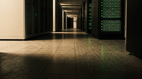 Data center corridor vanishing to a point — server racks with indicator lights forming a spreadsheet — Virginia's kilowatt tax priced infrastructure's defining input.