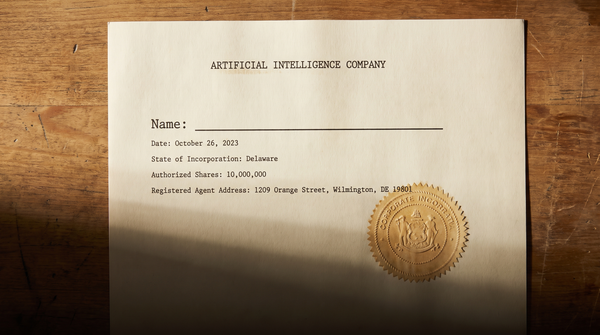 Delaware certificate of incorporation with company name line blank — embossed seal and AIC header — the legal container before the name — archival amber on pale grey