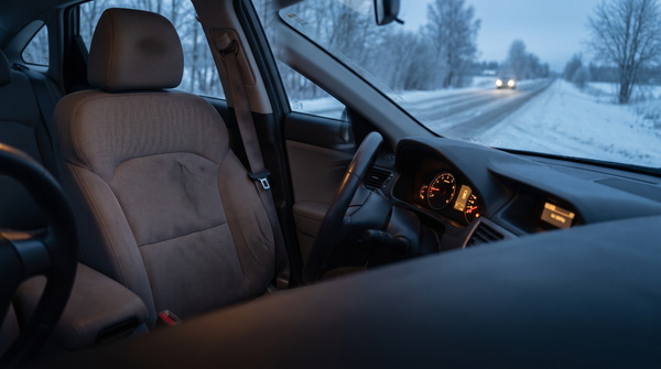 An empty driver seat seen from the passenger side — headlights approaching through windshield at dusk — dashboard lit — the empty seat where fault should land — archival amber on pale grey