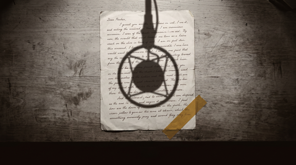 A finished essay on a desk photographed from above — a vintage microphone suspended above it casts its shadow onto the page — the gap where a voice should be — archival amber on pale grey