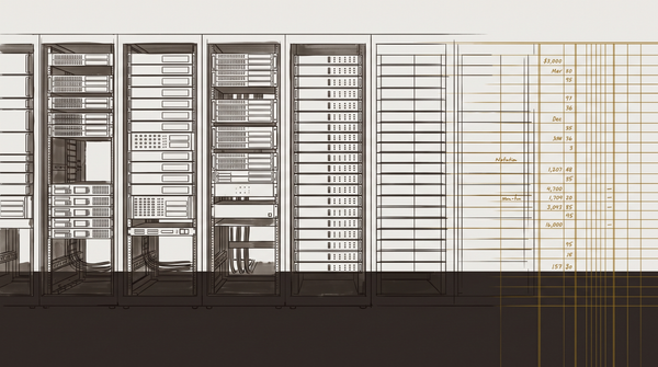 Server racks in ink-sketch quality with a financial ledger overlay pressed across the rack face in amber grid lines