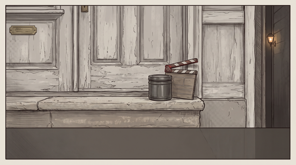 A film canister and clapperboard left on an empty stoop, door closed, brass nameplate barely legible, warm amber porch light at the frame's edge