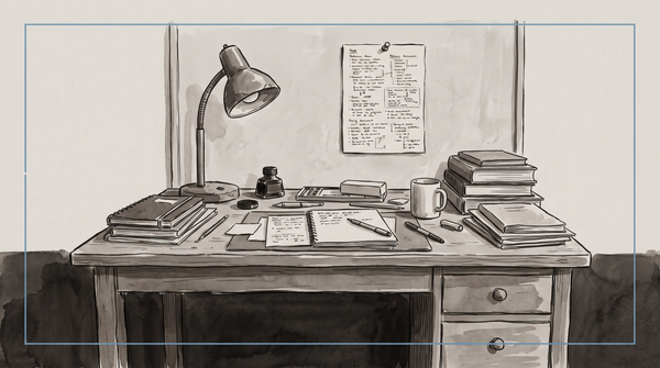 Watercolor of a writer's desk — lamp, notebooks, books, coffee mug, pinned plans — the working infrastructure an agent might inhabit.