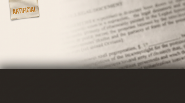 A garment care label reading ARTIFICIAL floating over defocused legal text — one word the law requires her to carry before she reaches her own conclusion — archival amber on pale grey