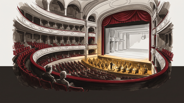 A grand opera house interior divided by light — warm orchestral pit below, cold mechanical projection space above — crimson velvet marking the traditional domain the audience defended.