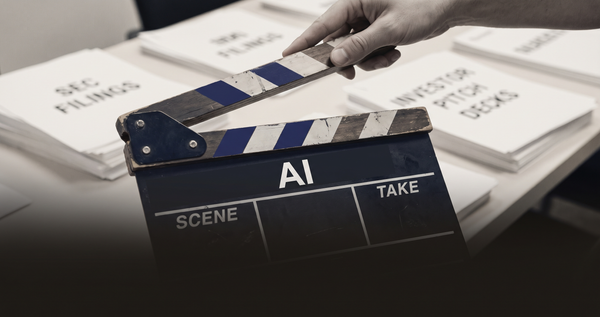 A film clapperboard marked AI with blank scene and take numbers — half-open, shot not yet called — blurred SEC filings behind — the capital arrived before the film.