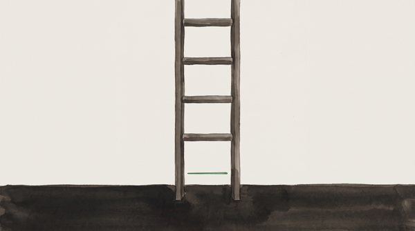 Ink-wash drawing of a wooden ladder with its lowest rung reduced to a thin green line, against a stark white sky and dark ground