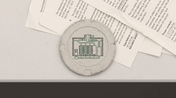 Poker chip on forensic surface — inside a miniature data center cross-section — blurred bond prospectuses — surveyor green on grey